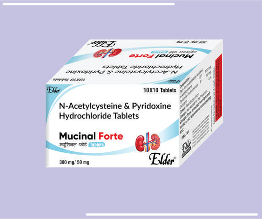 MUCINAL FORTE TABS (10X10) Acetyl Cysteine 300mg,Pyridoxamine Dihydrochloride 50mg by Elder