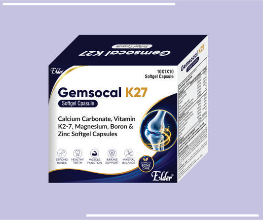GEMSOCAL K27 SOFTGELS (10X1X10) Calcium Carbonate 250mg,Calcitrol 0.25mcg,Vitamin K27 45mcg,Mecobalamin 750mcg,Magnesium 50mg,Boron 1.5 mg & Zinc 7.5mg Gels by Elder