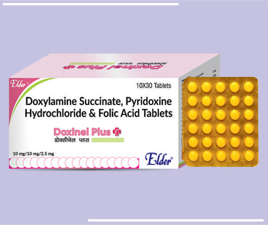 DOXINEL PLUS TABS (10X1X30) Doxylamine Succinate 20mg, Pyridoxine Hydrochloride 20mg & Folic Acid 5 mg by Elder