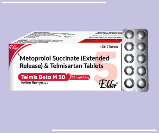 TELMIS BETA M 50 TABS (40+50MG) (10X10) Telmisartan 40mg,Metoprolol Succinate 50 mg (As Extended Relase) by Elder