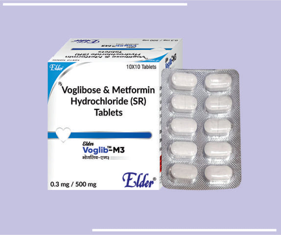 VOGLIB M3 TAB (0.3/500MG) (10X10) Voglibose 0.3 mg, Metformin 500 mg
 by Elder