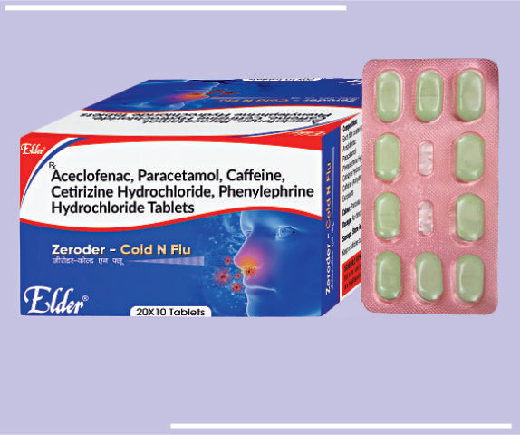 ZERODER  COLD N FLU TABS (20X10) Aceclofenac 100mg,Paracetamol 325mg,Phenylepherine 5mg,Cetrizine 10mg,Caffeine 25mg by Elder