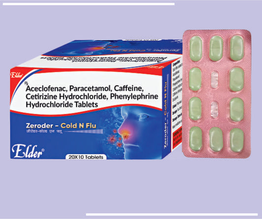ZERODER  COLD N FLU TABS (20X10) Aceclofenac 100mg,Paracetamol 325mg,Phenylepherine 5mg,Cetrizine 10mg,Caffeine 25mg by Elder