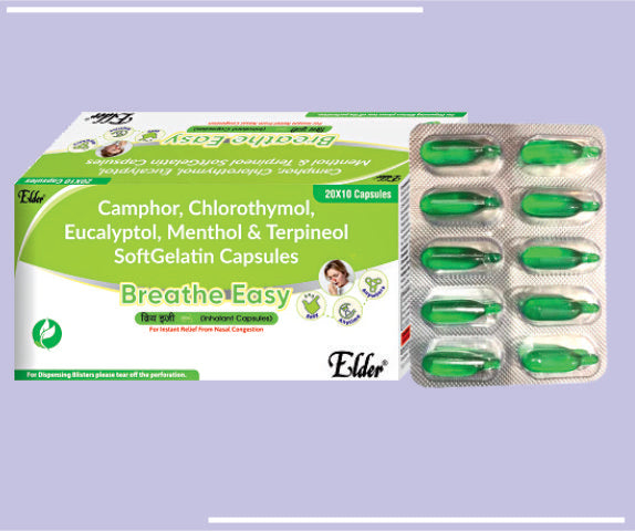 BREATHE EASY SOFTGELS (20X10) Camphor 25mg, Eucalyptol 125mg, Chlorothymol 5mg, Menthol 55mg & Terpineol 120mg Soft gelatin capsule by Elder