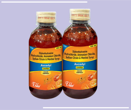 ASCODYL SYP (100ML) Diphenhydramine Hcl 14.08 mg, ammouium Chloride 138 mg, Sodium Citrate 57.03 mg, Menthol 1.14 mg by Elder