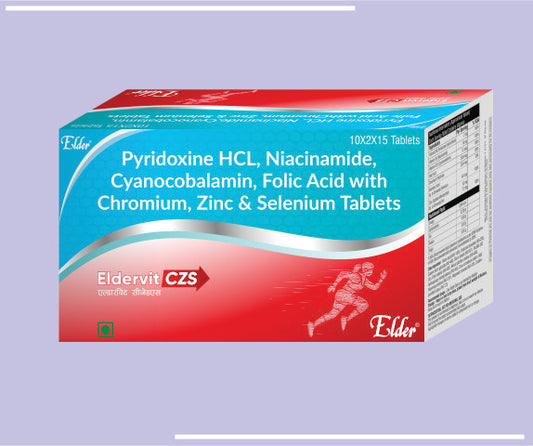 ELDERVIT CZS TABS (20X15) Pyridoxine 2mg,Nicotinamide 10mg,Cyanocobalamin 15mg,Folic Acid 1500mg,Chromium 250mcg by Elder