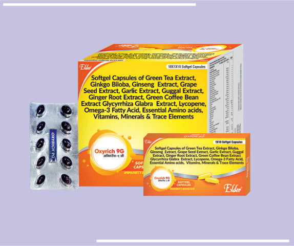 OXYRICH 9G SG (10X1X10) Omega 3 Fatty, Ginseng, Gingko Biloba,Green Tea Extract,Grape Seed, Ginger, Glycyrrihza,Garlic Guggul, Antioxidants, Multivitamin, Minerals Soft Gels 9G by Elder
