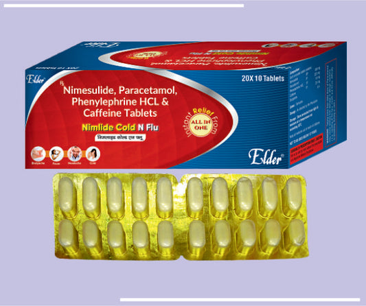 NIMLIDE COLD N FLU TABS (100/325/10/4MG) (20X10) Nimesulide 100,Paracetamol 325mg,Phenylepherine 10mg, CPM 4mg by Elder