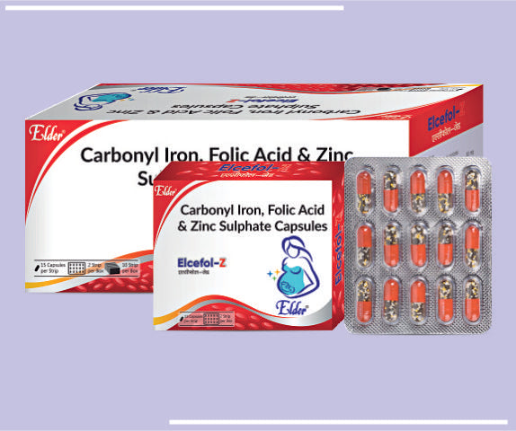 ELCEFOL Z CAPS * (10X(2X15)) Carbonyl iron 50 mg, Zinc Sulphate Monohydrate 61.8 mg eq to elemental zinc 22.5 mg & Folic Acid 0.5 mg by Elder