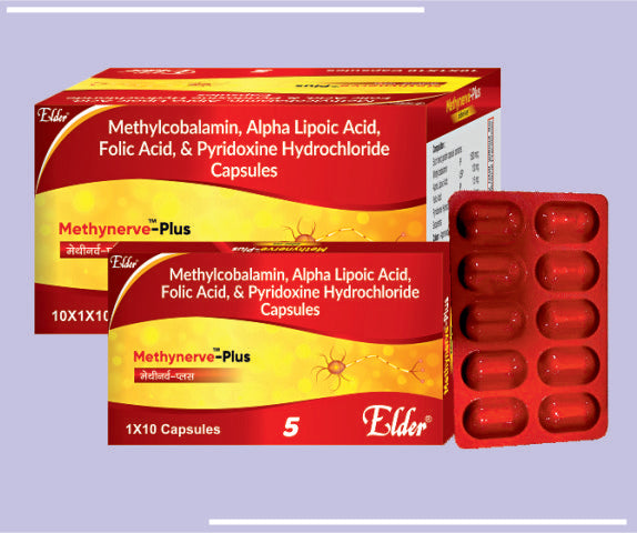 METHYNERVE PLUS CAPS (10X10) Methycobalamin 1500mcg, Alphalopic Acid 100mg, Folic Acid 1.5mg, Pyridoxine Hcl 3 mg by Elder
