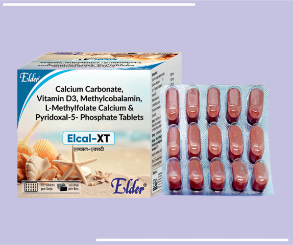 ELCAL XT TABS (10X15) Calcium Carbonate 1250mg,Cholecaliferol D3 2000iu,Methylcobalamin 1500mcg,L-5 Methylfolate 1mg,Pyridoxal 5 Phosphate 20mg by Elder
