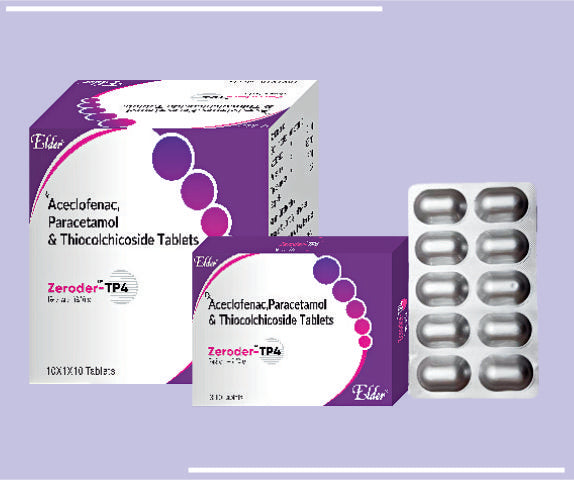 ZERODER TP4 TABS (100/325/4MG) (10X1X10) Aceclo 100mg, Para 325mg, Thio 4mg by Elder