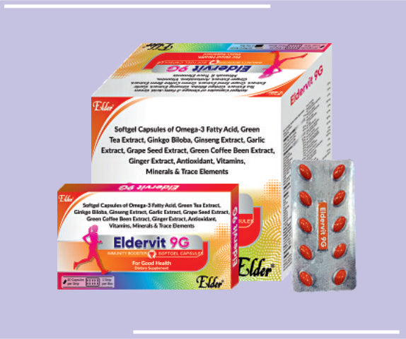 ELDERVIT 9G SOFTGELS (10X1X10) Omega 3 Fatty, Ginseng, Gingko Biloba,Green Tea Extract,Grape Seed, Ginger, Glycyrrihza,Garlic Guggul, Antioxidants, Multivitamin, Minerals Soft Gels 9G by Elder