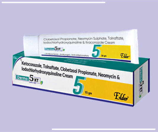 DERMA 5 KT OINT (25X15GM) Ketoconazole 2 %,Tolnaftate 1%,Clobetasol 0.05%,Neomycin0.1%,Iodochorhyroxyquioline 1% by Elder