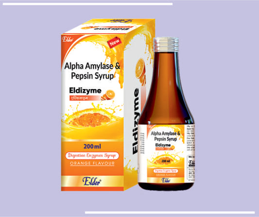 ELDIZYME SYP (200ML) Diastase (1:1200) 33.33 mg (Fungal Diastase derived from Aspergillus Oryzae digest not less than 40 gm of cooked starch) Pepsin (1:3000) 5 mg (Digest not less than 15 gm of coagulated egg albumin) by Elder