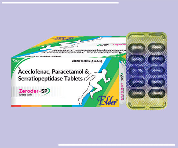 ZERODER SP TAB (100/325MG/15MG) (20X10) Aceclofenac 100 mg ,Paracetamol 325 mg & Serriopeptidase 15 mg by Elder