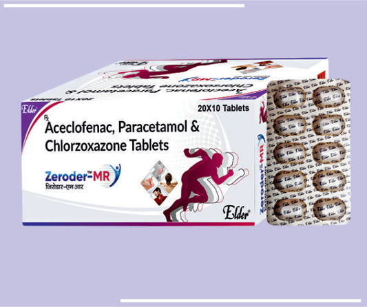 ZERODER MR TABS (100/325/250MG) ** (20X10) Aceclo 100mg,Para 325mg,Chlorzoxa 250mg by Elder