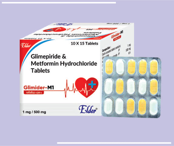 GLIMIDER MP1 TABS (500/1/15) (10X10) Metformin 500 mg(SR),Glimepiride 1mg,Pioglitazone 15 mg	
 by Elder