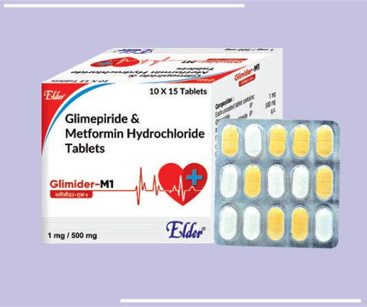 GLIMIDER MP1 TABS (500/1/15) (10X10) Metformin 500 mg(SR),Glimepiride 1mg,Pioglitazone 15 mg	
 by Elder