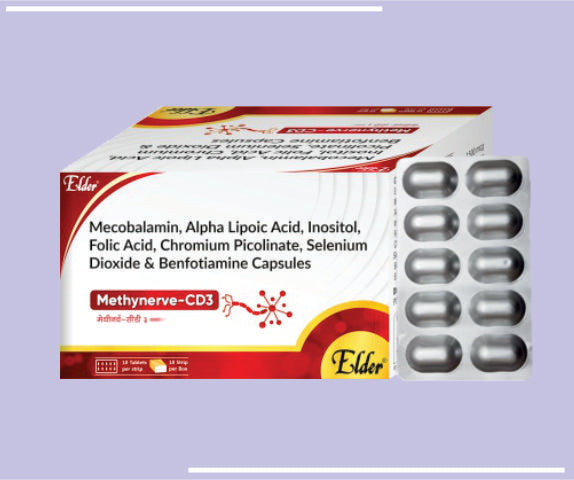 METHYNERVE CD3 TABS (10X1X10) Methylcobalamin 1500mcg,Alpha Lipoic 100mg, Benfotiamine 150mg ,Inositol 100mg, Chromium Picolinate 200mcg,Pyridoxine Hydrochloride 3mg, Folic Acid 1.5mg,Vitamin D3 1000 IU & Calcium Carbonate 500mg by Elder