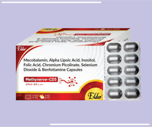 METHYNERVE CD3 TABS (10X1X10) Methylcobalamin 1500mcg,Alpha Lipoic 100mg, Benfotiamine 150mg ,Inositol 100mg, Chromium Picolinate 200mcg,Pyridoxine Hydrochloride 3mg, Folic Acid 1.5mg,Vitamin D3 1000 IU & Calcium Carbonate 500mg by Elder