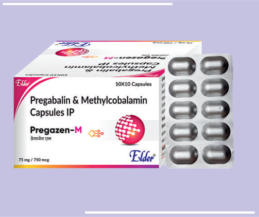 PREGAZEN  M CAPS (75/750MG) (10X10) Pregabalin IP 75mg, Mecobalamin IP 750mcg (Methylcobalamin) by Elder