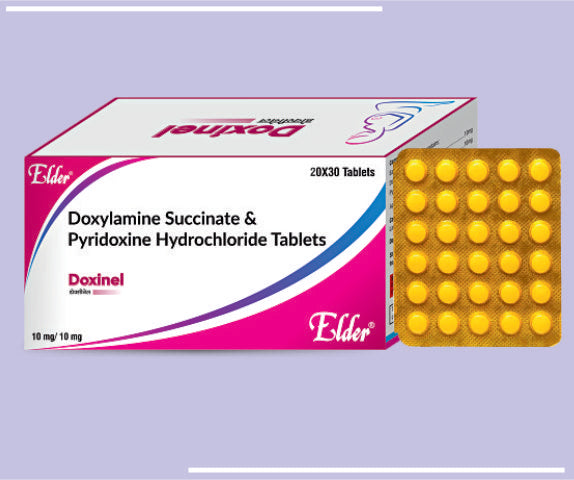 DOXINEL TABS (10/10 MG) (20X30) Doxylamine Succinate 20mg, Pyridoxine Hydrochloride 20mg & Folic Acid 5 mg by Elder
