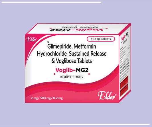 VOGLIB MG2 1000 TABS (2/1000/0.2MG) (10X10) Glimepiride 2mg + Voglibose 0.2 mg +Metformin 1000 mg SRTabs by Elder