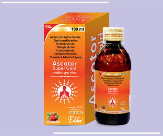 ASCOTOR SUPER GOLD SYP (100ML) Ambroxol Hydrochloride IP 15mg,Dextromethorphan Hydrobromide 10mg,Phenylephrine Hydrochloride IP 5mg, Chlorpheniramine Maleate IP 2mg,Menthol IP 1.5mg by Elder