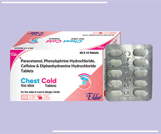 CHEST COLD TABS (25X10) Paracetamol 500mg,Phenylpherine 5mg,Caffeine 30mg,Diphenydramine 25mg by Elder