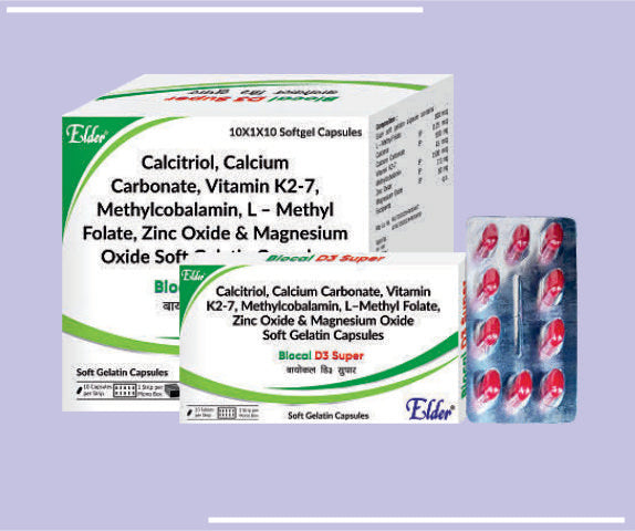 BIOCAL D3 SUPER  SOFT GELS (10X1X10) CALCITRIOL IP 0.25MCG, CALCIUM CARBOPNATE IP 500MG, ZINK IP 7.5MG, MAGNESIUM IP 50MG, VITAMIN K27 45MCG, METHYLCOBALAMIN IP 1500MCG, L-METHYLFOLATE IP 800MCG by Elder