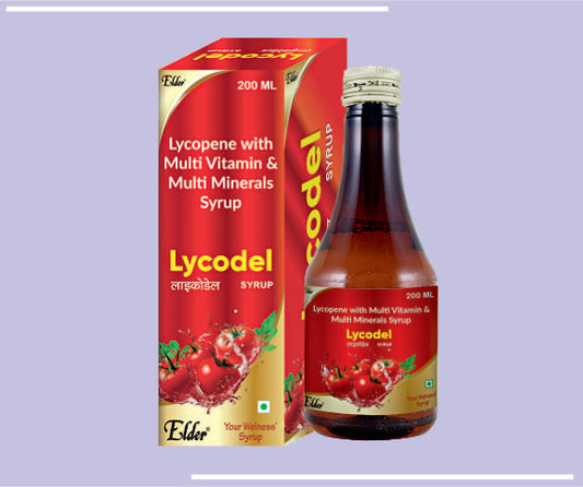LYCODEL  SYP (200ML) Lycopene 6% 2000mcg+ Vitamin A 2500 IU, Vitamin E Acetate 10 IU, Vitamin C 50 mg, Zinc Sulphate Monohydrate 27.45 mg, Selenium Dioxide 70 by Elder
