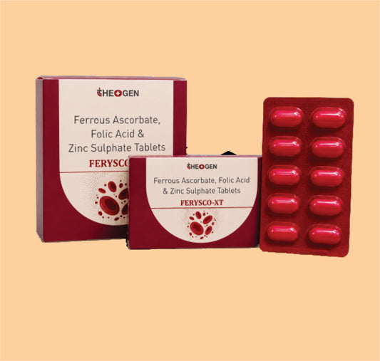 FERYSCO-XT (10x1x10) Each film coated tablet contains: Ferrous Ascorbate Eq. to Elemental Iron I.P. 100mg + Folic Acid I.P 1.5mg + Zinc Sulphate (Monohydrate) IP Eq. to elemental Zinc 22.5mg by Theon