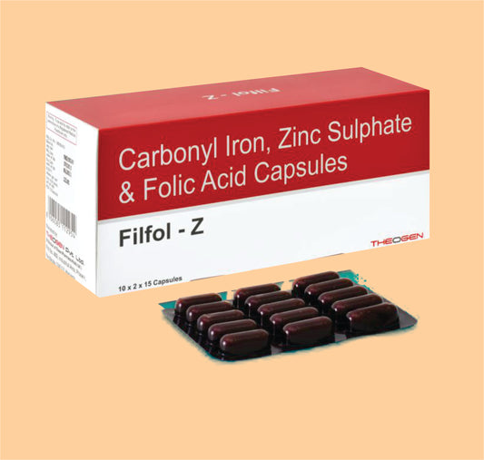 FILFOL-Z CAPS (10x2x15) Each Hard Gelatin Capsule Contains: Carbonyal Iron 50mg Eq. to Elemental Iron 50mg + Zinc Sulphate Monohydrate IP 61.8mg eq to Elemental Zinc 22.5mg+ Folic Acid IP 0.5mg by Theon