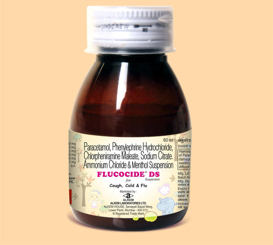 FLUCOCIDE DS SUSPENSION (60ML) ( Paracetamol 250 Mg + Phenylephrine Hcl 5 Mg + Chlorpheniramine Maleate 2
Mg + Sodium Citrate 60 Mg + Ammonium Chloride 120 Mg + Menthol 1 Mg In A Flavoured Syrupy Base ) by Alkem