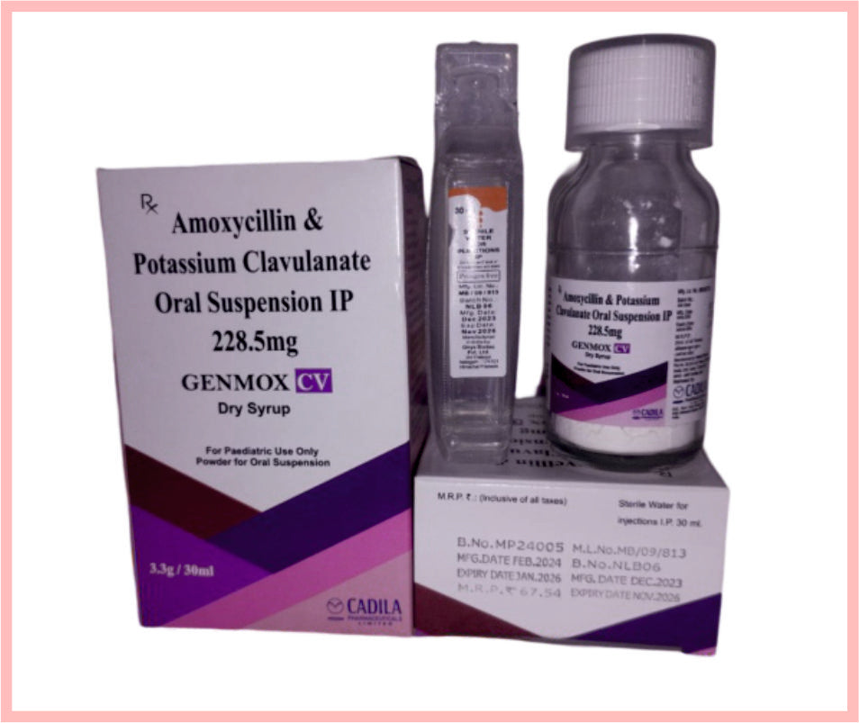GENMOX CV DRY SYRUP WITH WFI 30 ml ( Amoxycillin & Potassium Clavulanate Oral Susp. IP (200mg + 28.5mg) ) by Cadila