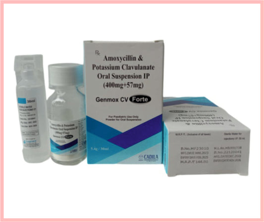 GENMOX CV FORTE SUSPENSION WITH WFI 30 ml ( Amoxycillin & Potassium Clavulanate Oral Susp. IP (400mg + 57mg) ) by Cadila