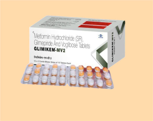 Glimikem Mv2 Tablets (15'S) pack 15'S ( Each Uncoated Bilayered Tablet Caontains: Glimepiride 2 Mg + Metformin 500Mg Sr + Voglibose 0.2 Mg ) by Alkem1
