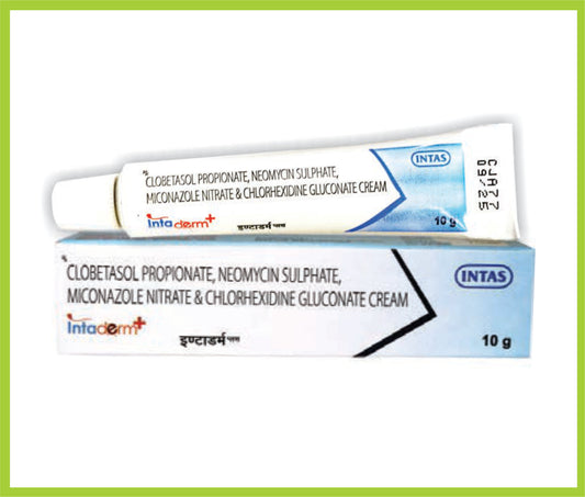 INTADERM PLUS 10 GM (COMBO) ( Clobetasol Propionate .05% W/W + Neomycin Sulphate .05% W/W + Miconazole Nitrate 2% W/W + Chlorhexidine Gluconate .20% W/W ) by Intas