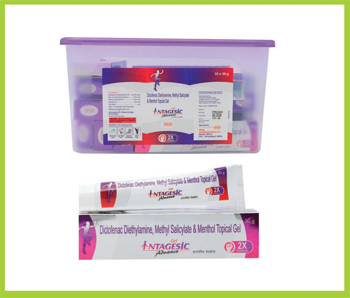 INTAGESIC ADVANCE GEL 30GM (COMBO ( Diclofenac Diethyamine   2.32%, Methyl Salicylate IP       10.0 %, Oleum Linseid Oil 3.0 %, Menthol 5.0 %,  ) by Intas
