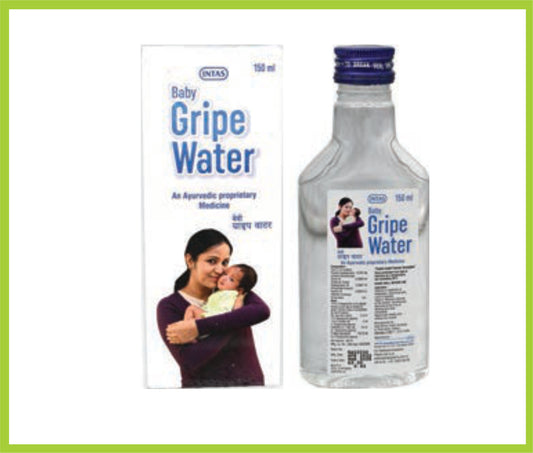 INTAS BABY GRIPE WATER 150 ML ( Each 5 ml contains : Sarjikakshara 45mg, Anethum Sowa  (Sowa Oil ) 09 ml Shatapushpa tel (Pimpenalla Anesum ) 07ml, Pudina tel  02 ml
Syrup base q.s. ) by Intas