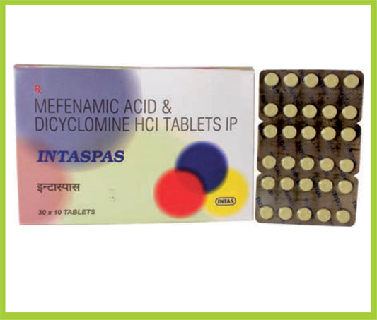 INTASPAS 10 TAB ( Mefenamic  acid 250mg + Dycyclomine 10mg ) by Intas