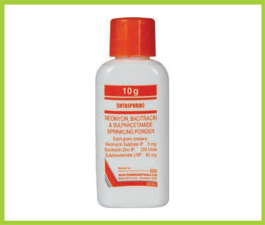 INTASPORIN POWDER 10 GM ( Each gm contains – Neomycin Sulphate 5mg + Bacitracin 250units + Sulphacetamide 60mg ) by Intas