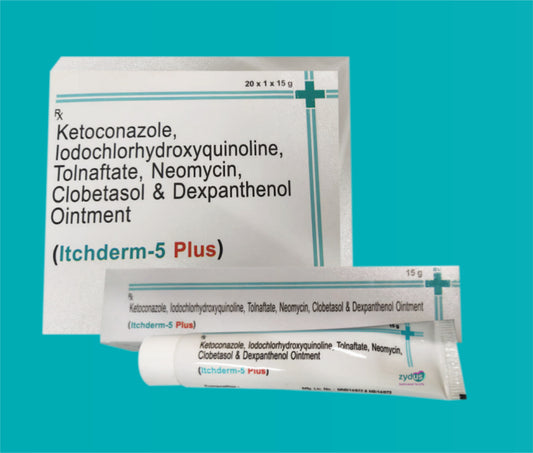 ITCHDERM-5 PLUS 15gm ( Composition :Ketoconazole IP 20 mg Iodochlorhdroxyquinoline 10 mg Tolnaflate 10 mg Neomycin Sulphate IPEq. to Neomycin 1 mg Clobetasol Pripionate IP 0.05 mg Dexpanthenol 0.5 mg ) by Zydus