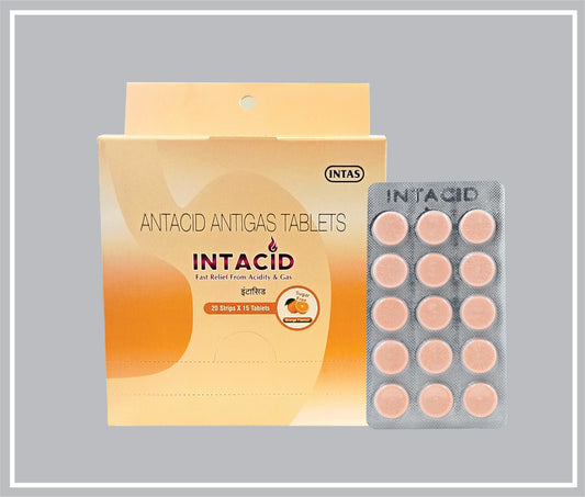 INTACID TABLETS (ORANGE) (15T) (Dried Aluminium Hydroxide 300 mg + Magnesium Aluminium Silicate Hydrate 50 mg + Magnesium Hydroxide 25 mg + Simethicone 25 mg) by Intas