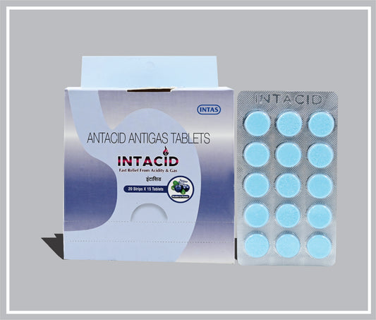 INTACID TABLETS (BLUEBERRY) (15T) (Dried Aluminium Hydroxide 300 mg + Magnesium Aluminium Silicate Hydrate 50 mg + Magnesium Hydroxide 25 mg + Simethicone 25 mg) by Intas