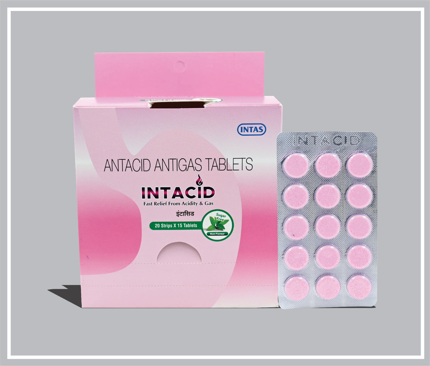 INTACID TABLETS (MINT) (15T) (Dried Aluminium Hydroxide 300mg + Magnesium Aluminium Silicate Hydrate 50mg + Magnesium Hydroxide 25mg + Simethicone 25mg Chewable Tablet) by Intas