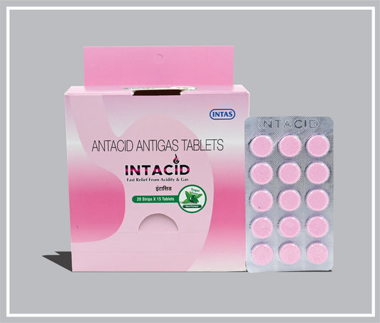 INTACID TABLETS (MINT) (15T) (Dried Aluminium Hydroxide 300 mg + Magnesium Aluminium Silicate Hydrate 50 mg + Magnesium Hydroxide 25 mg + Simethicone 25 mg) by Intas