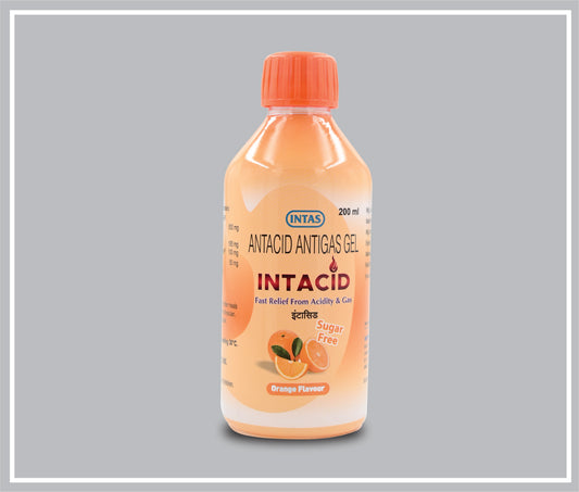 INTACID 200ml (Orange) (Aluminium Hydroxid 830mg,Magnesium 185mg, Sodium Carboxymethylcellulose 100mg,Simethicone 50mg) by Intas