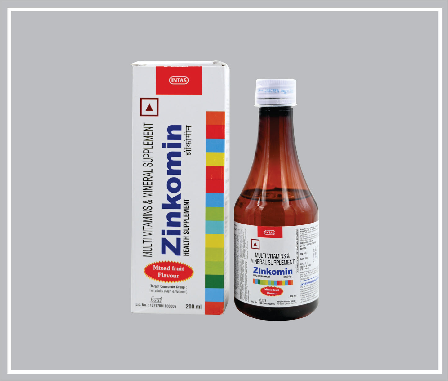 ZINKOMIN  200  ML (Vit A 240 mcg + B1 0.75 mg + B2 0.75 mg + B3 7.5 mg + B5 0.5 mg + B6 0.5 mg + B12 0.5 mcg + D3 2.5 mcg + E 2.5 mg + Lysine HCl 5 mg + Zinc 9 mg + Copper 0.3 mg + Iodine 38 mcg) by Intas